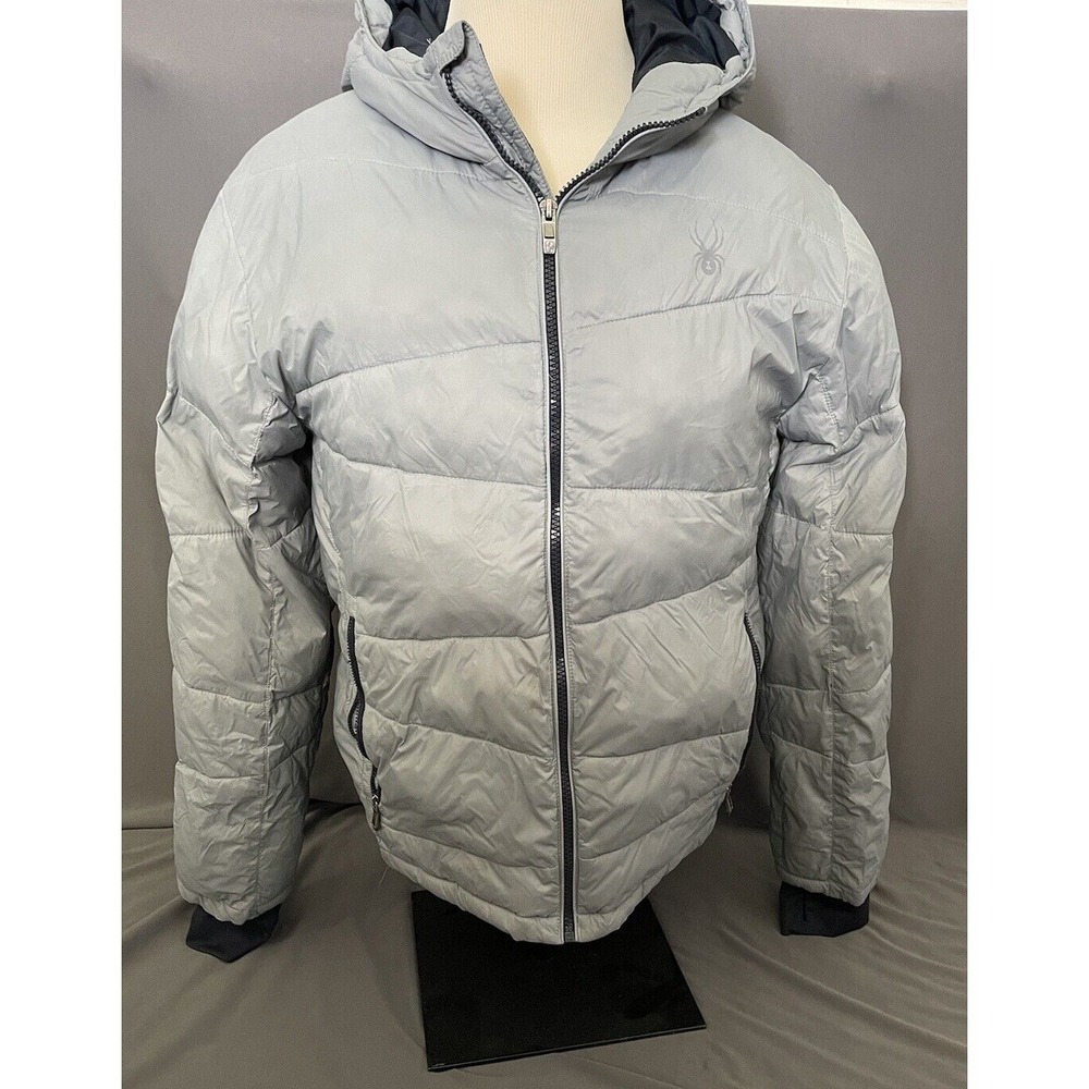 Spyder Puffer Hooded Jacket Boys Large 14/16 Gray Thermaweb Nylon‎ Thumb Holes